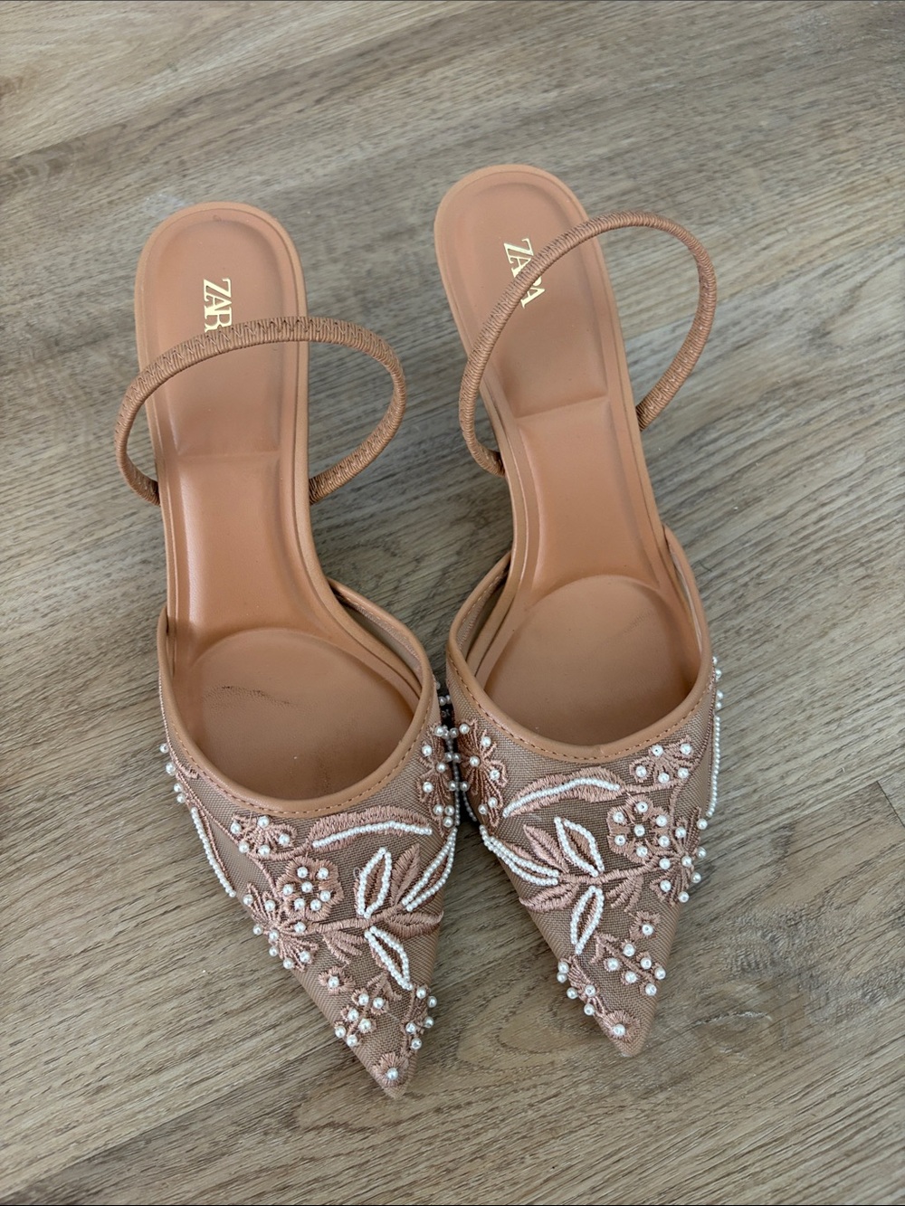 Zara Blush Embroidered Pointed-Toe Pearl Slingbacks